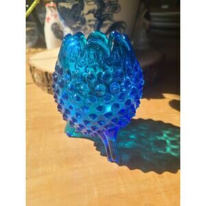 Vintage Fenton Colonial Blue Three Footed Egg Shaped Vase‎ Hobnail 5" Glass